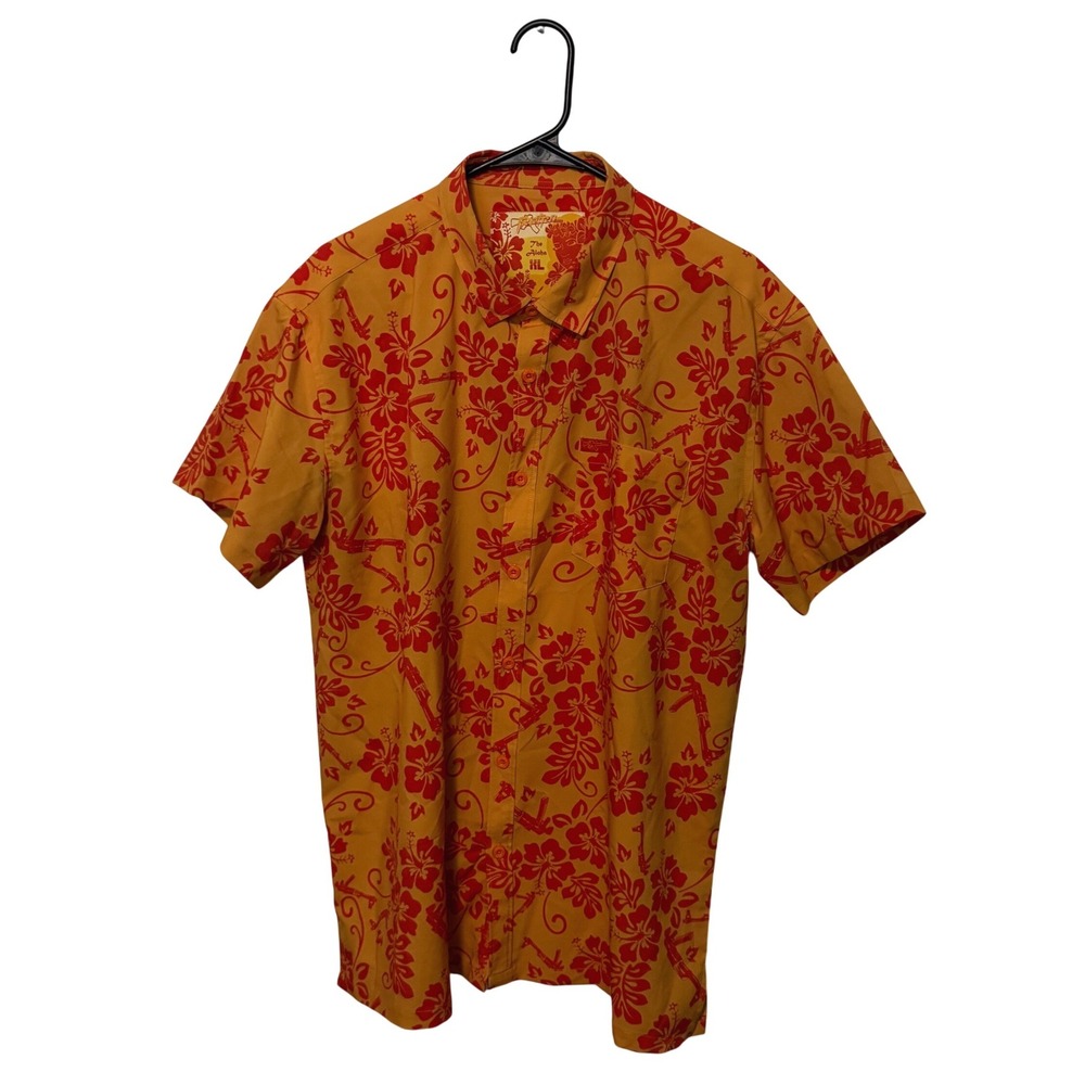 Retro Rifle The Aloha Shirt Mens XL Orange Red AK-47 Floral Button Down Hawaiian